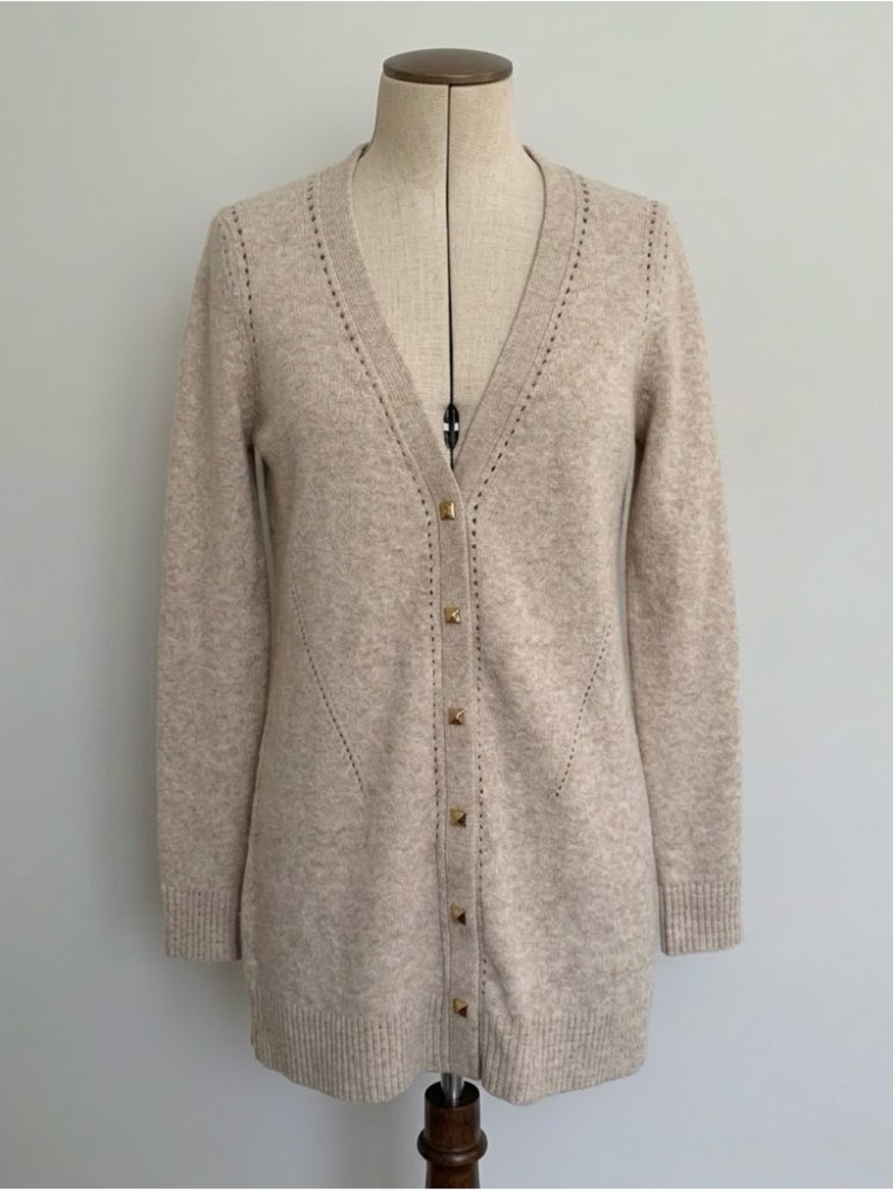 WHBM Tan Wool Blend Snap Button Cardigan Sz M Old Money Quiet Luxury Soft Girl